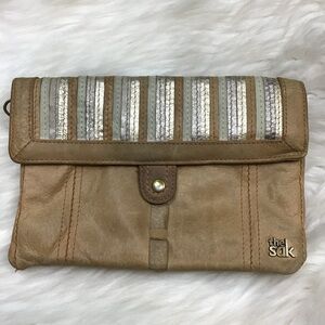The Sak Mini Bag Wallet Clutch Tan Leather With Metallic Stripes (no Strap)